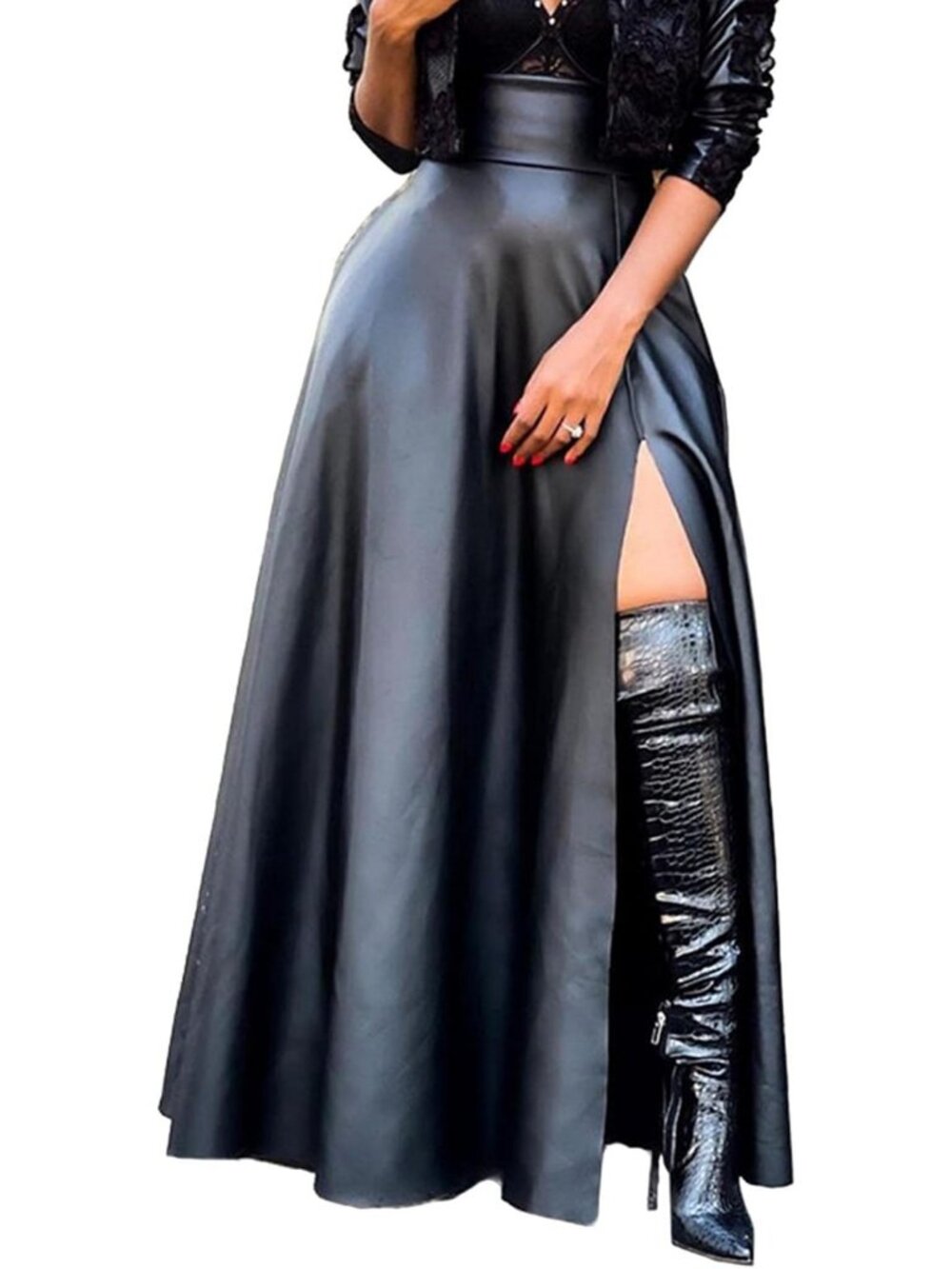Women's Black Faux Leather High Waisted A Line Long Slit Party Maxi Skirt - Picture 1 of 3